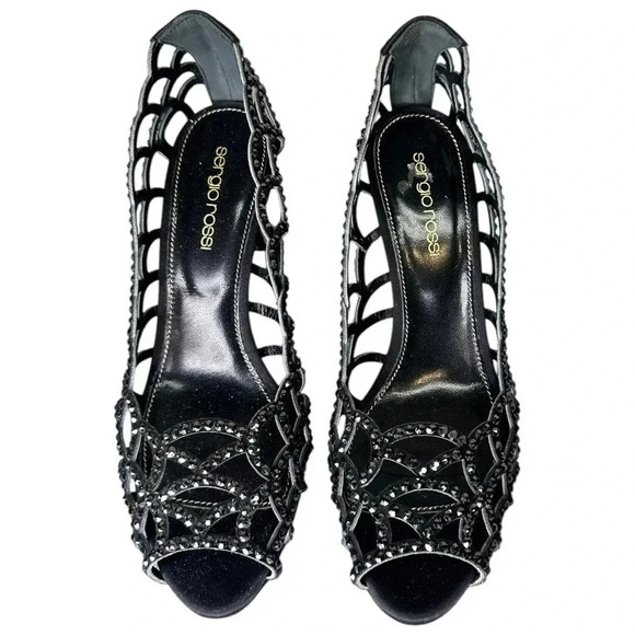 Sergio Rossi Mermaid Cut-Out Crystal Embellished Open Toe Pumps in Black. Size 6 - Picture 3 of 6